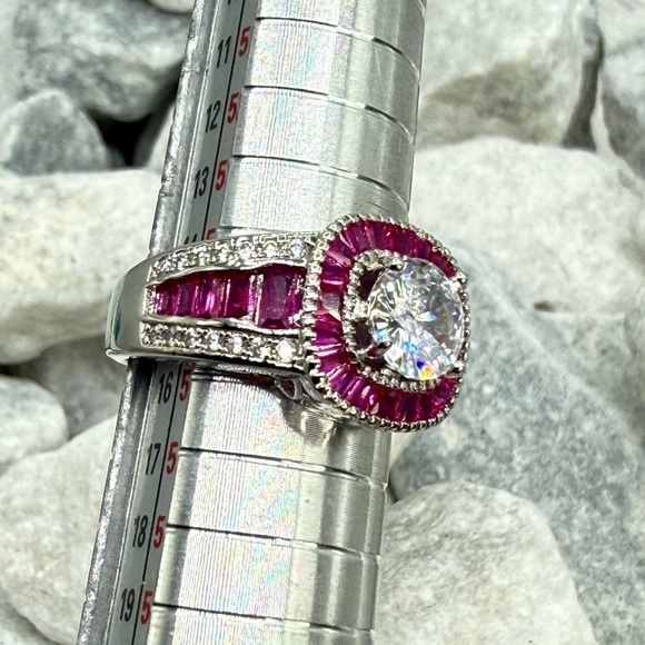 Lab Created Ruby Halo Ring 2.6 CT CZ Silver Tone Over Copper Sz 7.25 - Picture 17 of 17